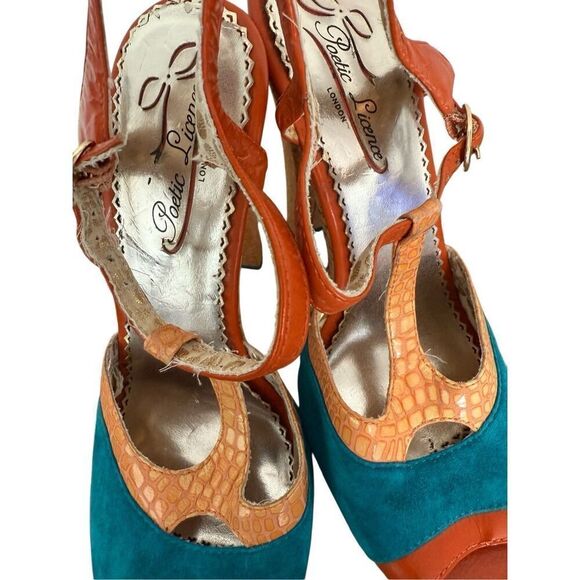 Poetic License London Orange Teal Peep Toe T-Strap Summer Fling Heels 8 - Picture 10 of 13
